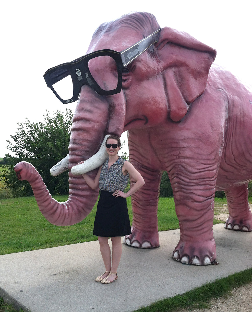 Christy Johnson of United Goods with Pinkie the Elephant in DeForest, Wisconsin