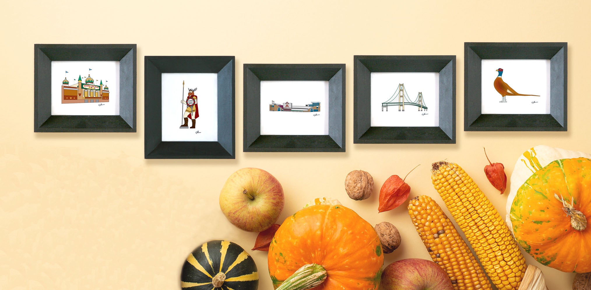 tiny landmark art prints in handmade black wood frames